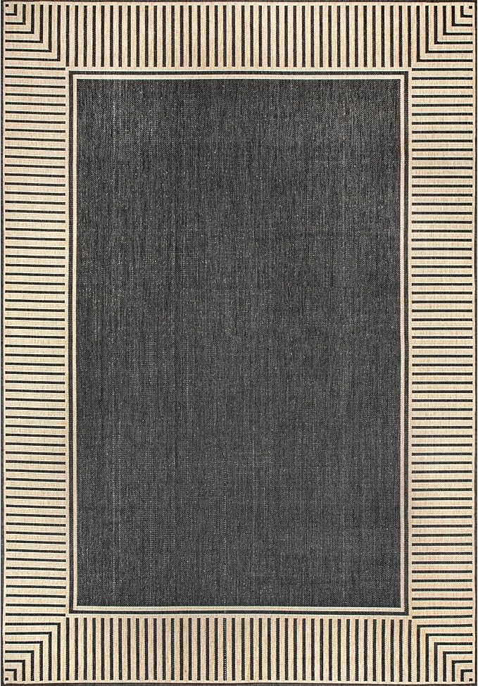 nuLOOM 4' x 6' Outdoor Area Rug, Casual Design With Striped Border, Stain Resistant, Highly Durable, For Patio, Balcony, Bedroom, Living Room, Dining Room, Bathroom, Dark Grey