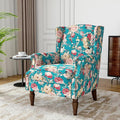 Wingback Accent Chair, High Back Upholstered Armchair, Floral Fabric Wingback Arms Chairs with Retro Solid Wood Legs, Single Sofa Reading Chair for Bedroom Living Room, Peacock Blue