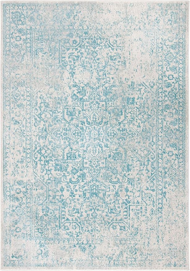 SAFAVIEH Evoke Collection 6'7" x 9' Ivory / Aqua EVK256J Oriental Distressed Non-Shedding Living Room Bedroom Dining Home Office Area Rug