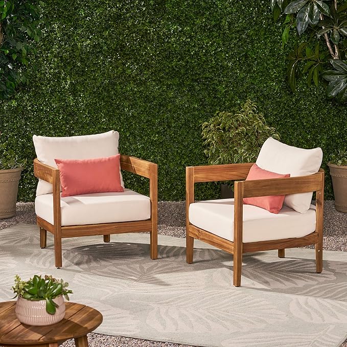Christopher Knight Home 312395 Alfy Outdoor Club Chair with Cushions (Set of 2), Teak Finish, Beige