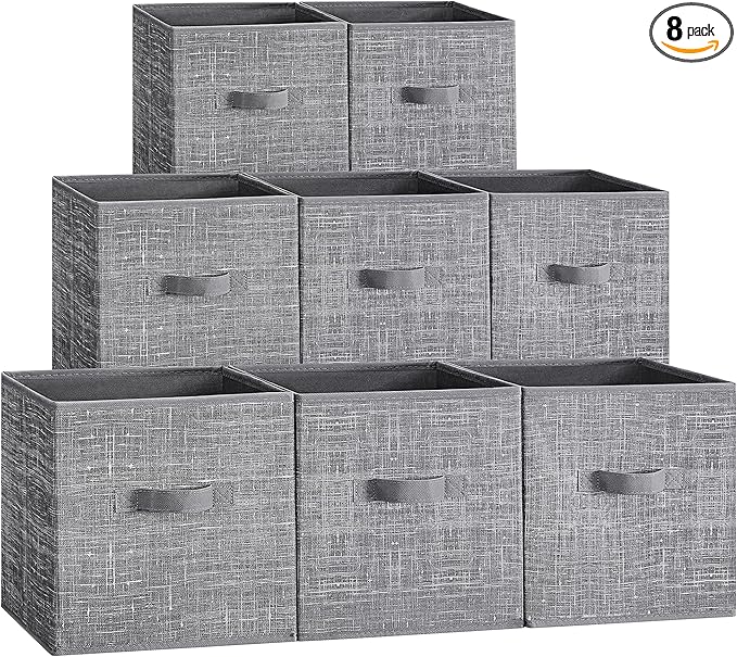 SONGMICS Storage Cubes, 11.8 x 11.8 x 11.8 Inches Non-Woven Fabric Bins with Double Handles, Set of 8, Closet Organizers for Shelves, Foldable, for Clothes, Cattail Gray UROB830G01
