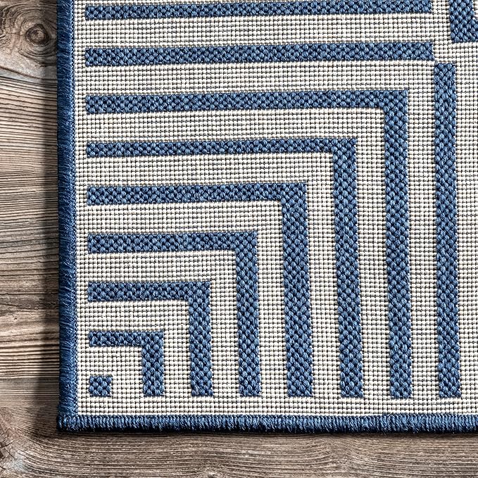 nuLOOM 2' x 10' Outdoor/Indoor Asha Area Rug, Asha Navy, Casual Design with Striped Border, Stain Resistant, Highly Durable, for Patio, Balcony, Bedroom, Living Room, Dining Room, Bathroom
