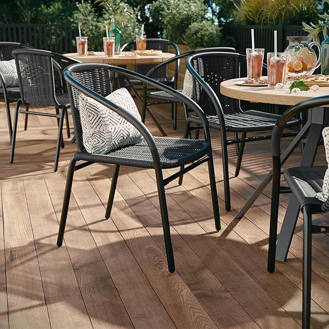 EMMA + OLIVER Set of 4 Modern Rattan Indoor/Outdoor Stack Chairs, Stacking Rattan Patio Chairs with Curved Back and Cross Bracing, Gray