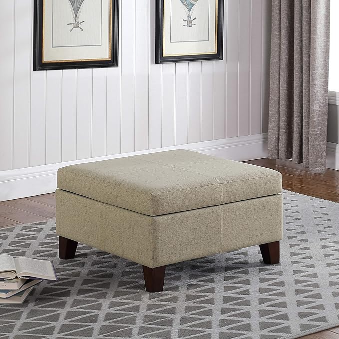 HomePop Woven Square Storage Ottoman with Wood Legs, Linen Tan
