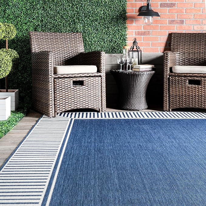 nuLOOM 2' x 8' Outdoor Area Rug, Casual Design With Striped Border, Stain Resistant, Highly Durable, For Patio, Balcony, Bedroom, Living Room, Dining Room, Bathroom, Navy