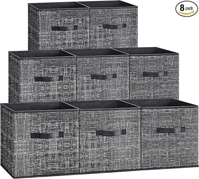 SONGMICS Storage Cubes, 11.8 x 11.8 x 11.8 Inches Non-Woven Fabric Bins with Double Handles, Set of 8, Closet Organizers for Shelves, Foldable, for Clothes, Ink Black UROB830B01