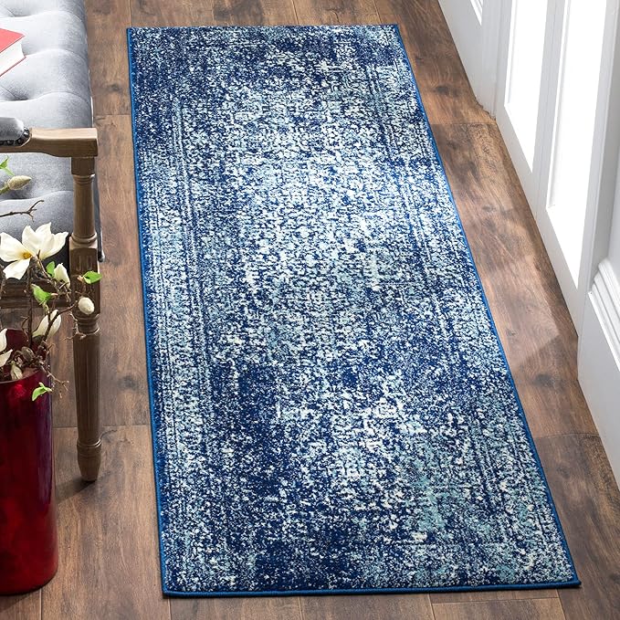 SAFAVIEH Evoke Collection 2'2" x 21' Navy/Ivory EVK256A Oriental Distressed Non-Shedding Living Room Bedroom Runner Rug
