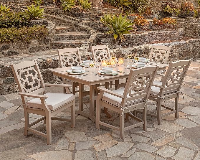 Martha Stewart by POLYWOOD Chinoiserie Outdoor Dining Arm Chair, White, Durable HDPE All-Weather, Comfortable Patio Seating with Latticework Back, Backyard, Garden Furniture, Made in The USA