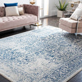 SAFAVIEH Evoke Collection Area Rug - 6'7" Square, Ivory & Navy, Distressed Design, Non-Shedding & Easy to Clean, Ideal for Living Room, Bedroom, Dining Space (EVK256N)
