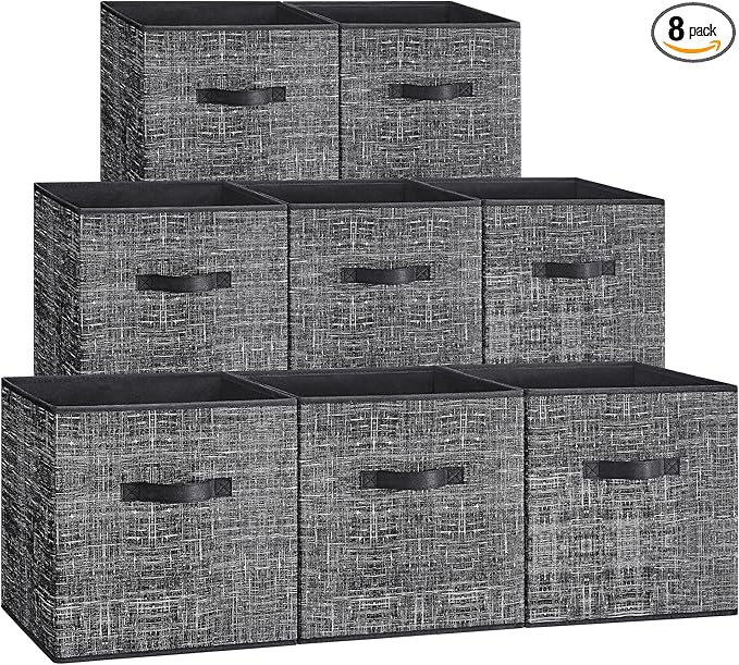 SONGMICS Storage Cubes, 13 x 13 x 13 Inches Non-Woven Fabric Bins with Double Handles, Set of 8, Closet Organizers for Shelves, Foldable, for Clothes, Ink Black UROB833B01