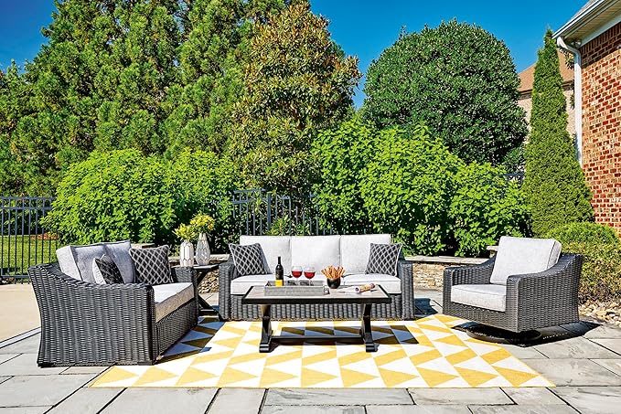 Signature Design by Ashley Beachcroft Casual Nuvella Weather Resistant Fabric Outdoor/Indoor Sofa with Cushion and 2 Toss Pillows, Black & Light Gray