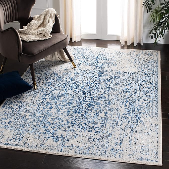 SAFAVIEH Evoke Collection 5'1" x 7'6" Ivory / Navy EVK256N Oriental Distressed Non-Shedding Living Room Bedroom Area Rug