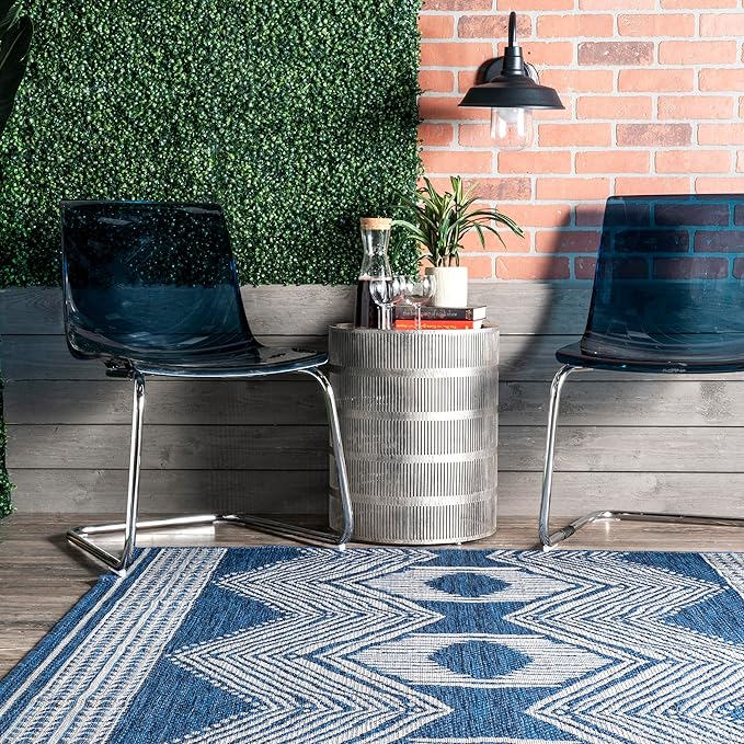 nuLOOM 9'6" x 12' Outdoor Tribal Geometric Area Rug, Stain Resistant, Weather Resistant, High Traffic, Patio, Balcony, Outside, Ranya Blue