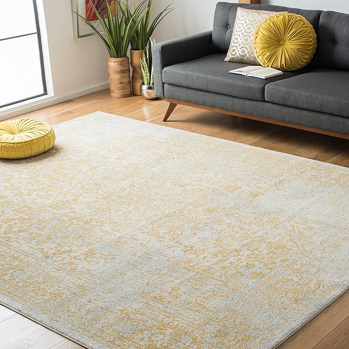 SAFAVIEH Evoke Collection Area Rug - 8' Square, Ivory & Gold, Distressed Design, Non-Shedding & Easy to Clean, Ideal for Living Room, Bedroom, Dining Space (EVK256B)