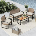 MFSTUDIO 4 Piece Wicker Patio Furniture Set, Small Patio Sofa with Loveseat & Chaise & Acacia Wood Table, Outdoor Sectional Couch with Wood Table, Beige