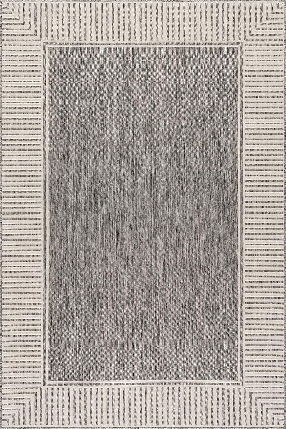 nuLOOM 8' x 10' Outdoor Area Rug, Casual Design with Striped Border, Stain Resistant, Highly Durable, for Patio, Balcony, Bedroom, Living Room, Dining Room, Bathroom, Steel