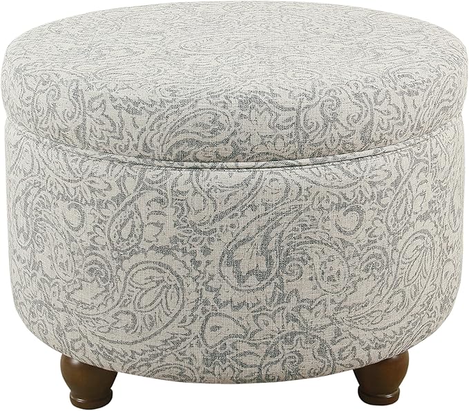 HomePop Home Decor | Upholstered Round Storage Ottoman | Ottoman with Storage for Living Room & Bedroom, Light Gray Floral Large