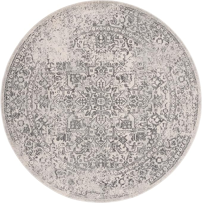 SAFAVIEH Evoke Collection Area Rug - 3' Round, Ivory & Grey, Distressed Design, Non-Shedding & Easy to Clean, Ideal for Foyer, Bedroom, Accent Space (EVK256F)