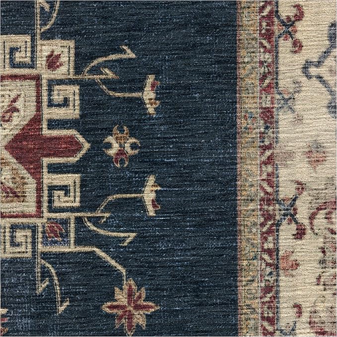 RUGGABLE Washable Vintage Area Rug – Verena Sapphire 6x9, Stain-Resistant, Non-Slip – Medium Machine Washable Rugs for Living Room, Bedroom, Hallway, Entryway & Office–with Standard Pad