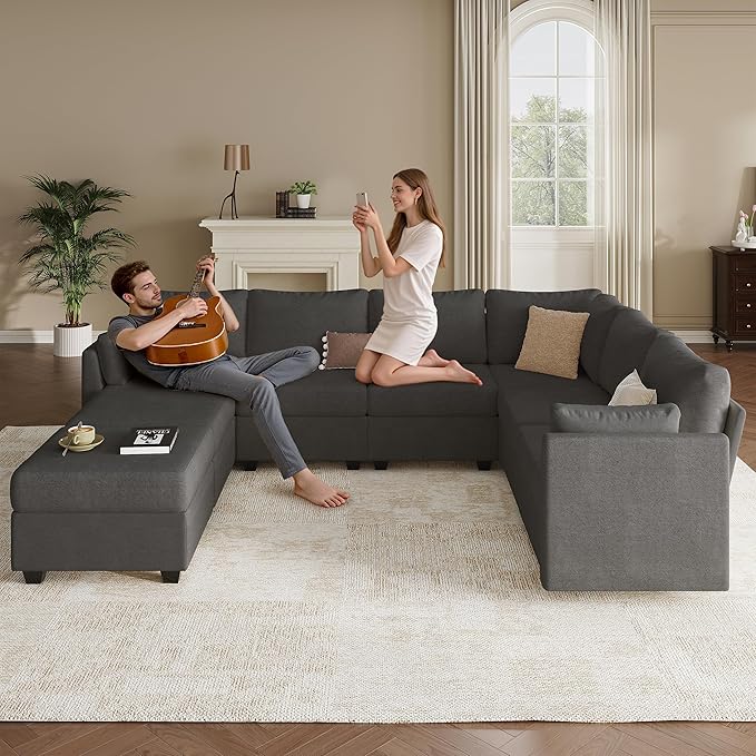 Modular Sectional Sofa Couches, Large Convertible Modular Couches With Storage, 8-Seater Sectional Sofa For Living Room, U Shaped Sectional Couch Sleeper Sofa With Chaise (DarkGrey, 8 Seats)