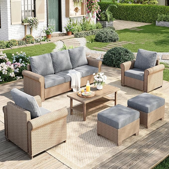 Patio Furniture Set 6 pcs, Wicker Outdoor Patio Furniture, 3-Seat Sofa, 2 Single Chairs, 2 Ottomans and Coffee Table, Rattan Patio Conversation Set for Backyard Deck, Grey