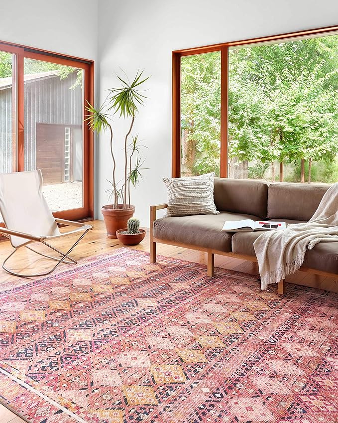 Loloi Layla Collection LAY-15 Magenta/Multi 2'-3" x 3'-9" .13" Thick Accent Rug, Soft, Durable, Vintage Inspired, Distressed, Low Pile, Non-Shedding, Easy Clean, Printed, Living Room Rug