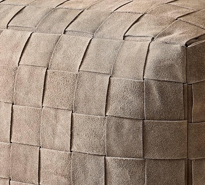 Luxury Handcrafted Suede Basketweave Pouf Ottoman – Soft & Durable Floor Cushion, Footrest, and Accent Seating for Living Room, Bedroom, & Office – Stylish Modern Home Décor (Brindle, 18" x 18" x 14")