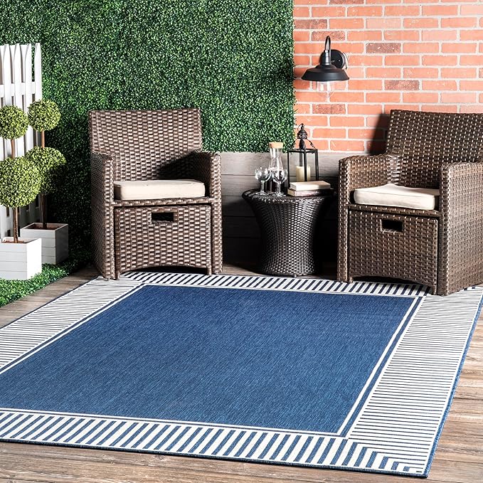 nuLOOM 3'6" x 5' Outdoor Area Rug, Casual Design With Striped Border, Stain Resistant, Highly Durable, For Patio, Balcony, Bedroom, Living Room, Dining Room, Bathroom, Navy