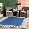 nuLOOM 7' Square Outdoor Area Rug, Casual Design with Striped Border, Stain Resistant, Highly Durable, for Patio, Balcony, Bedroom, Living Room, Dining Room, Bathroom, Navy