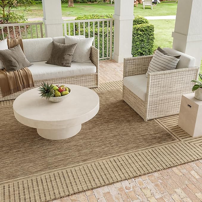 nuLOOM 8' x 10' Outdoor Area Rug, Casual Design With Striped Border, Stain Resistant, Highly Durable, For Patio, Balcony, Bedroom, Living Room, Dining Room, Bathroom, Light Brown