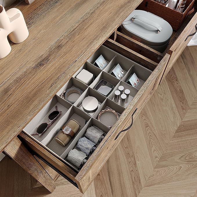 LINSY HOME Updated Dresser for Bedroom with 8 Drawers, Wide Chest of Drawers, Wooden Bedroom Dresser with 1 pcs Fabric Divider Organizer, Storage Organizer for Closet, Living Room, Rustic Oak