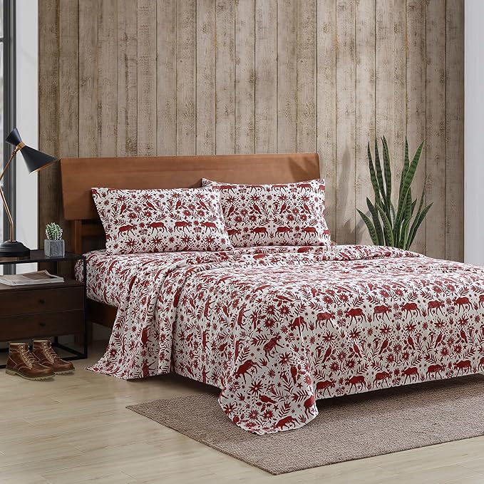 Eddie Bauer 4 Pc Flannel Sheets King Size - 100% Cotton Breathable & Soft King Size Sheets Set (1 Flat, 1 Flannel Fitted Sheet, 2 Pillowcases) - 15" Deep Pocket All Seasons Sheet Set (Arcadia Red)