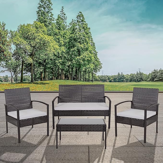 Flash Furniture Aransas Series 4 Piece Black Patio Set with Steel Frame and Gray Cushions
