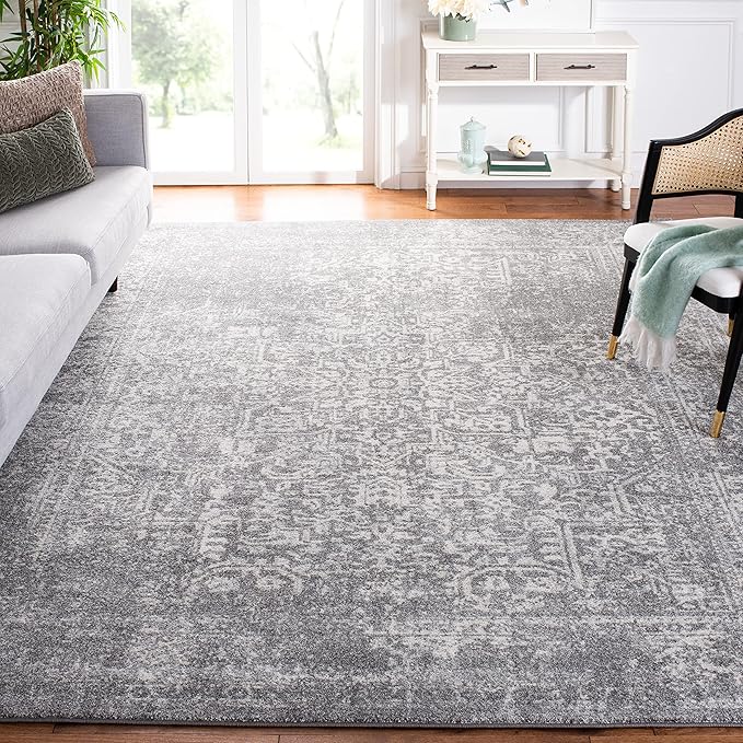 SAFAVIEH Area Rug 9x12 - Evoke Collection - Large - Silver & Ivory, Distressed Design, Non-Shedding & Easy to Clean, Ideal for Living Room, Bedroom, Dining Space (EVK256S)