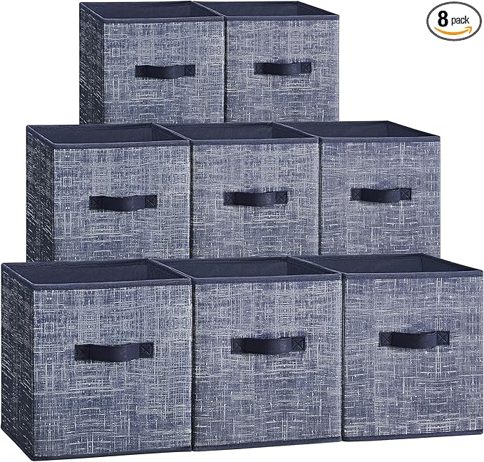 SONGMICS Storage Cubes, 10.2 x 10.2 x 11 Inches Non-Woven Fabric Bins with Double Handles, Set of 8, Closet Organizers for Shelves, Foldable, for Clothes, Misty Blue UROB826I01