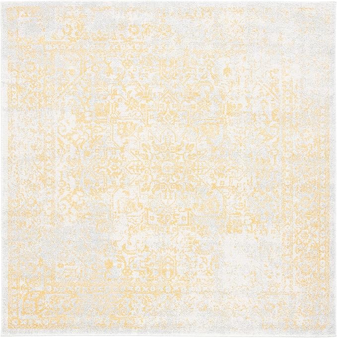SAFAVIEH Evoke Collection Area Rug - 8' Square, Ivory & Gold, Distressed Design, Non-Shedding & Easy to Clean, Ideal for Living Room, Bedroom, Dining Space (EVK256B)