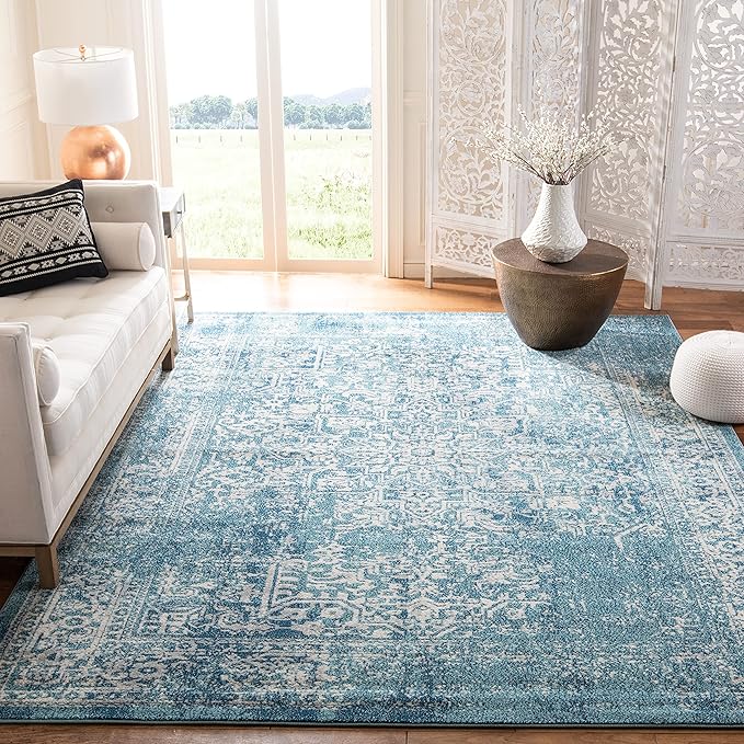 SAFAVIEH Area Rug 8x10 - Evoke Collection - Large - Blue & Ivory, Distressed Design, Non-Shedding & Easy Cleaning, Ideal for Living Room, Bedroom, Dining Space (EVK256C)