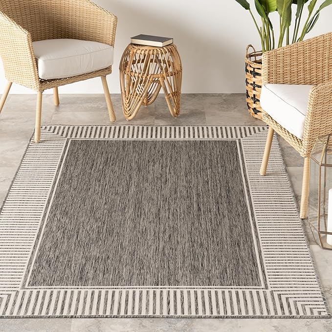 nuLOOM 8' x 10' Outdoor Area Rug, Casual Design with Striped Border, Stain Resistant, Highly Durable, for Patio, Balcony, Bedroom, Living Room, Dining Room, Bathroom, Steel
