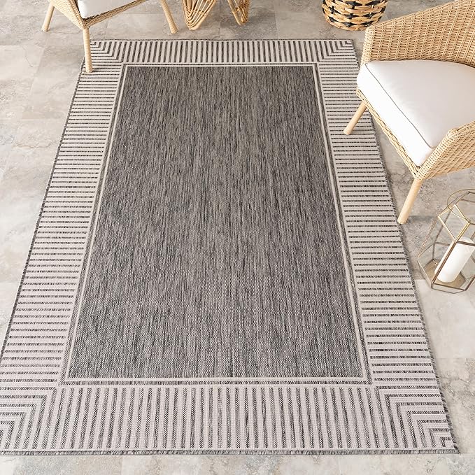 nuLOOM 8' x 10' Outdoor Area Rug, Casual Design with Striped Border, Stain Resistant, Highly Durable, for Patio, Balcony, Bedroom, Living Room, Dining Room, Bathroom, Steel