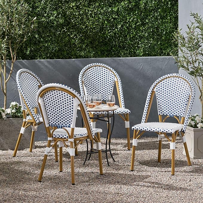 Christopher Knight Home Philomena Outdoor French Bistro Chair (Set of 4), Blue + White + Bamboo Print Finish