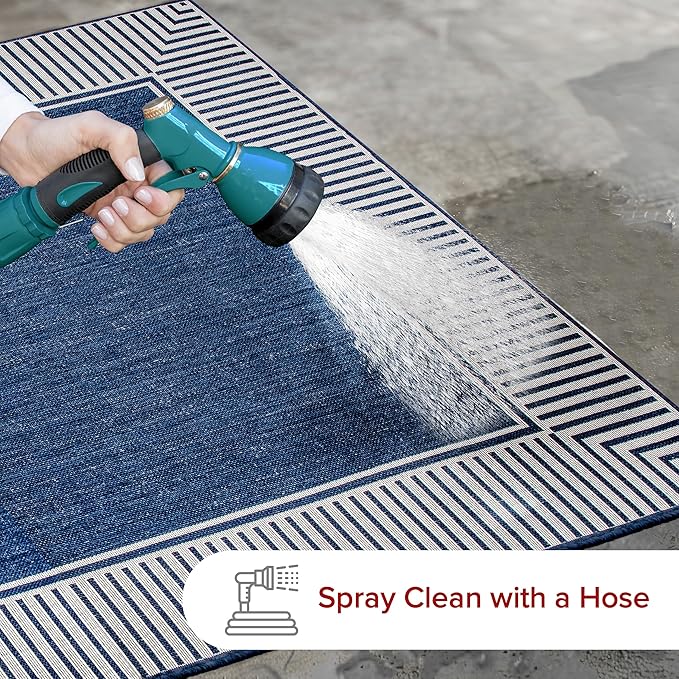 nuLOOM 7' Square Outdoor Area Rug, Casual Design with Striped Border, Stain Resistant, Highly Durable, for Patio, Balcony, Bedroom, Living Room, Dining Room, Bathroom, Navy