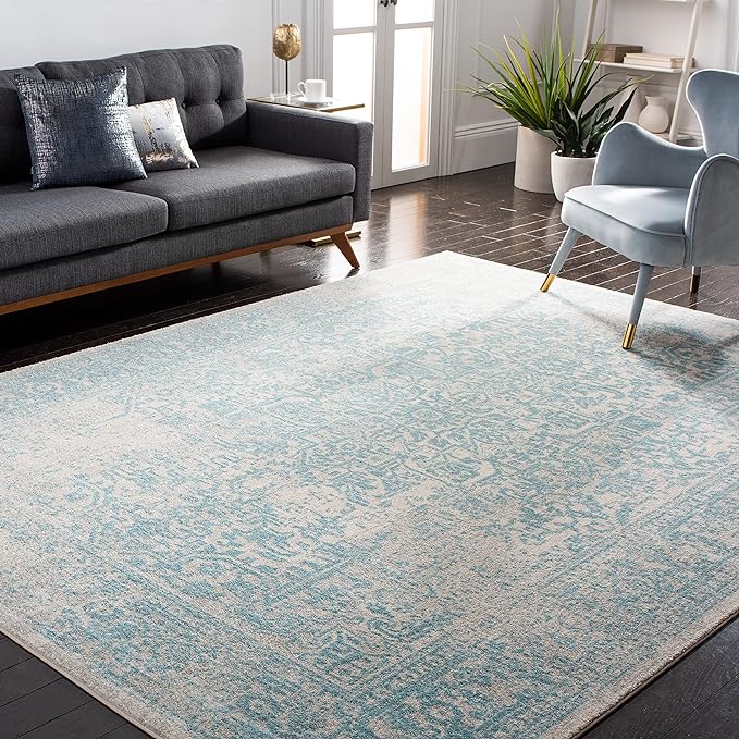 SAFAVIEH Area Rug 9x12 - Evoke Collection - Large - Ivory & Aqua, Distressed Design, Non-Shedding & Easy to Clean, Ideal for Living Room, Bedroom, Dining Space (EVK256J)