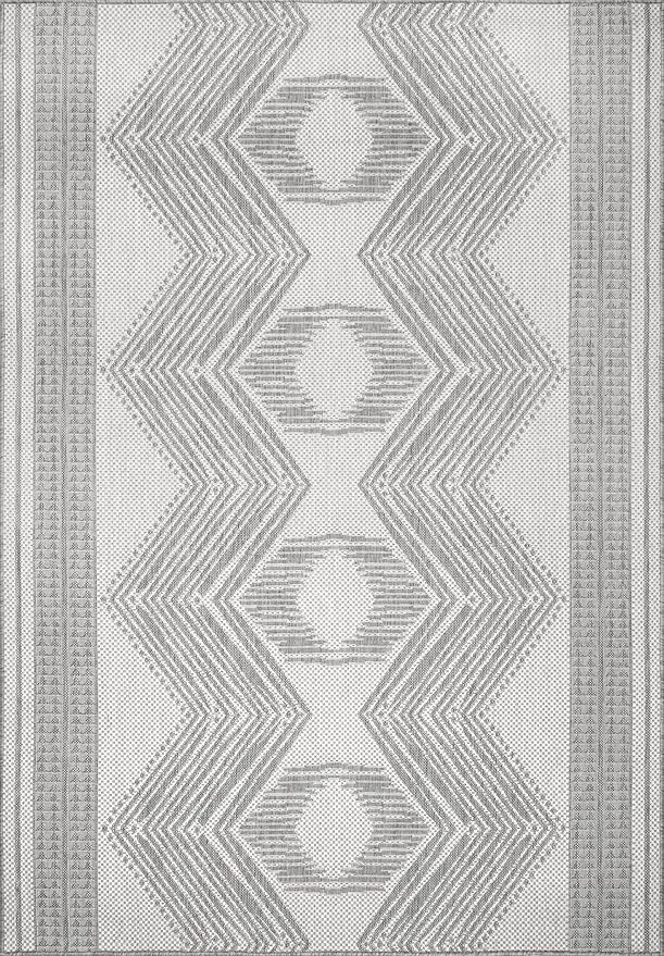 nuLOOM 9'6" x 12' Outdoor Tribal Geometric Area Rug, Stain Resistant, Weather Resistant, High Traffic, Patio, Balcony, Outside, Ranya Light Grey
