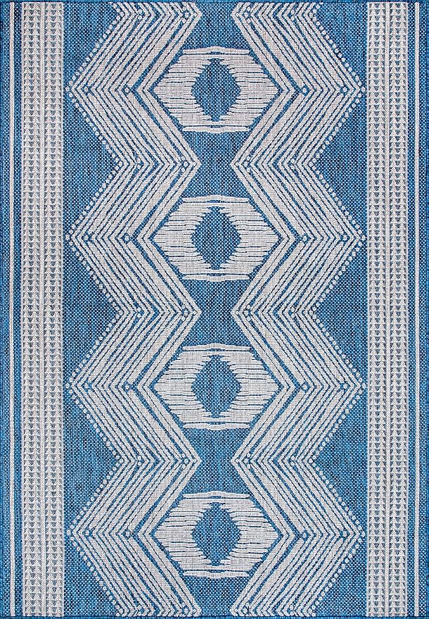 nuLOOM 2' x 3' Outdoor Tribal Geometric Area Rug, Stain Resistant, Weather Resistant, High Traffic, Patio, Balcony, Outside, Ranya Blue