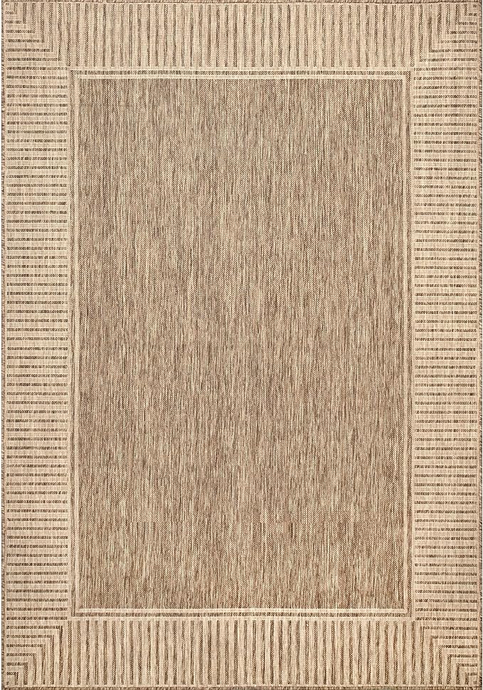 nuLOOM 4' x 6' Outdoor Area Rug, Casual Design With Striped Border, Stain Resistant, Highly Durable, For Patio, Balcony, Bedroom, Living Room, Dining Room, Bathroom, Light Brown