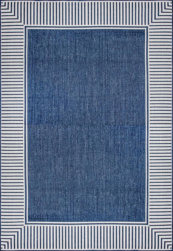 nuLOOM 6' 7" x 9' Outdoor Area Rug, Casual Design With Striped Border, Stain Resistant, Highly Durable, For Patio, Balcony, Bedroom, Living Room, Dining Room, Bathroom, Navy