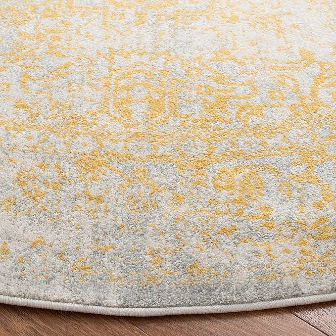 SAFAVIEH Evoke Collection Area Rug - 3' Round, Ivory & Gold, Distressed Design, Non-Shedding & Easy to Clean, Ideal for Foyer, Bedroom, Accent Space (EVK256B)
