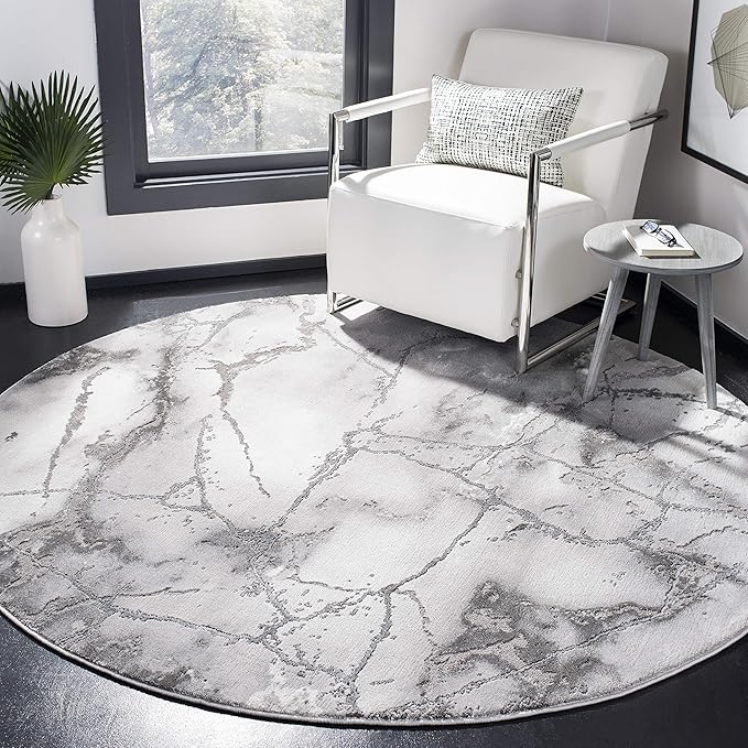 SAFAVIEH Craft Collection Area Rug - 8' Round, Grey & Silver, Modern Abstract Design, Non-Shedding & Easy Care, Ideal for High Traffic Areas in Living Room, Bedroom (CFT877G)