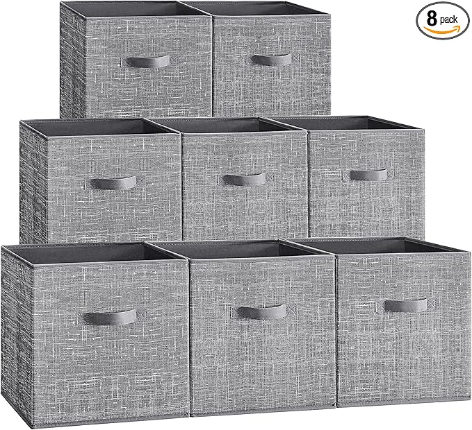 SONGMICS Storage Cubes, 13 x 13 x 13 Inches Non-Woven Fabric Bins with Double Handles, Set of 8, Closet Organizers for Shelves, Foldable, for Clothes, Cattail Gray UROB833G01