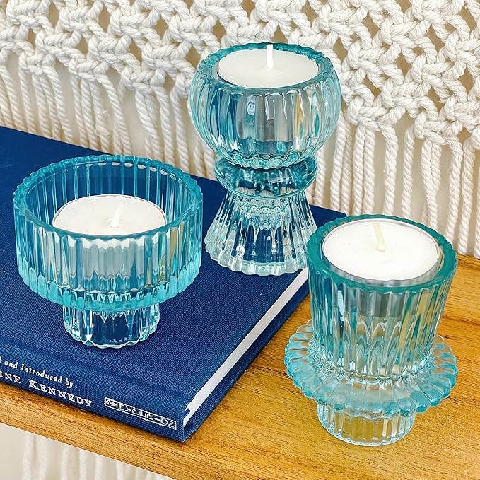 Kate Aspen Vintage Ribbed Glass Black Candlestick Holders, Pillar Candle, Tealight & Votive Candle Holders (Set of 6, 3 Assorted Sizes), Dining Table Decor, Shelf Decor, Centerpiece